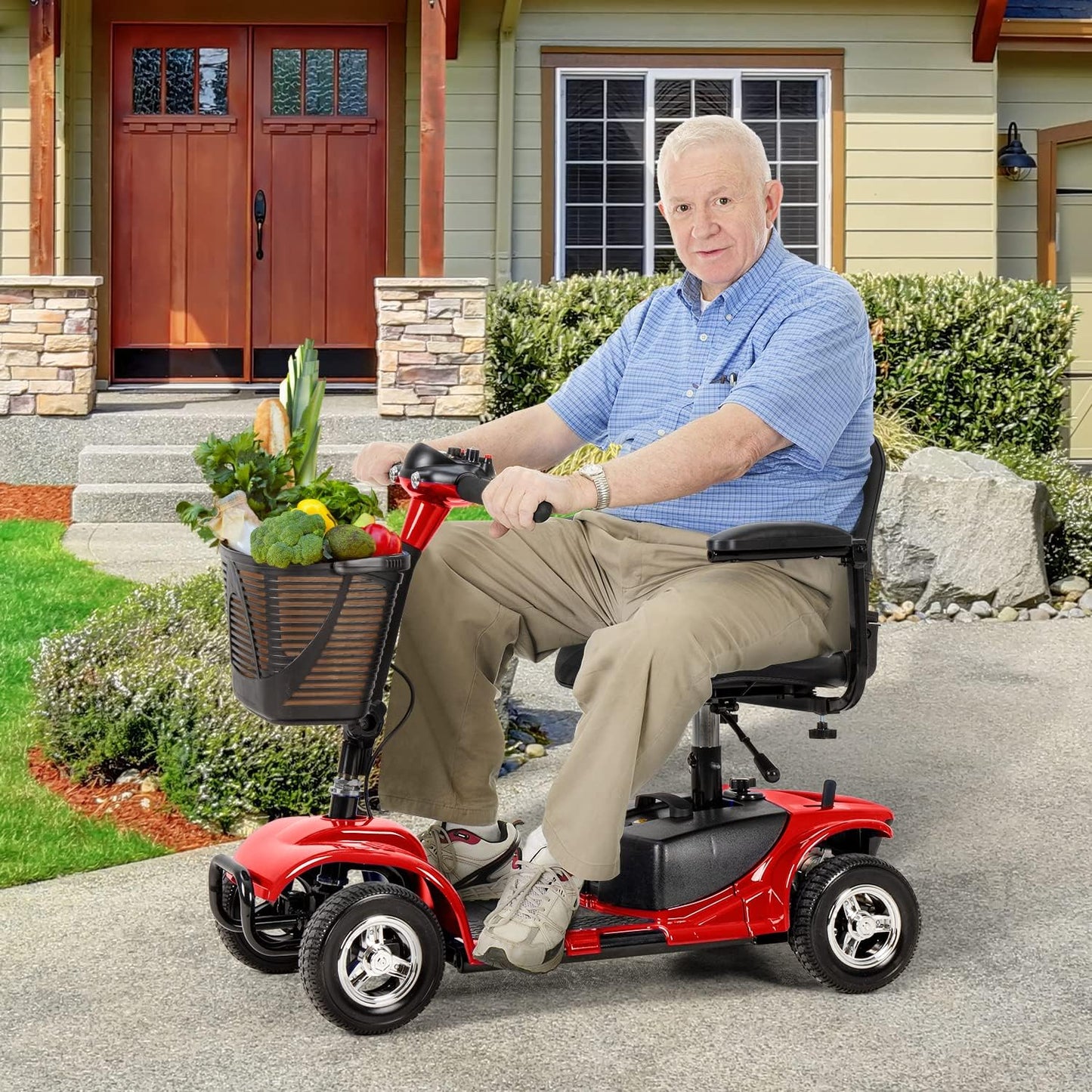 4 Wheel Mobility Scooter with Basket and Extended Battery, Red R49662