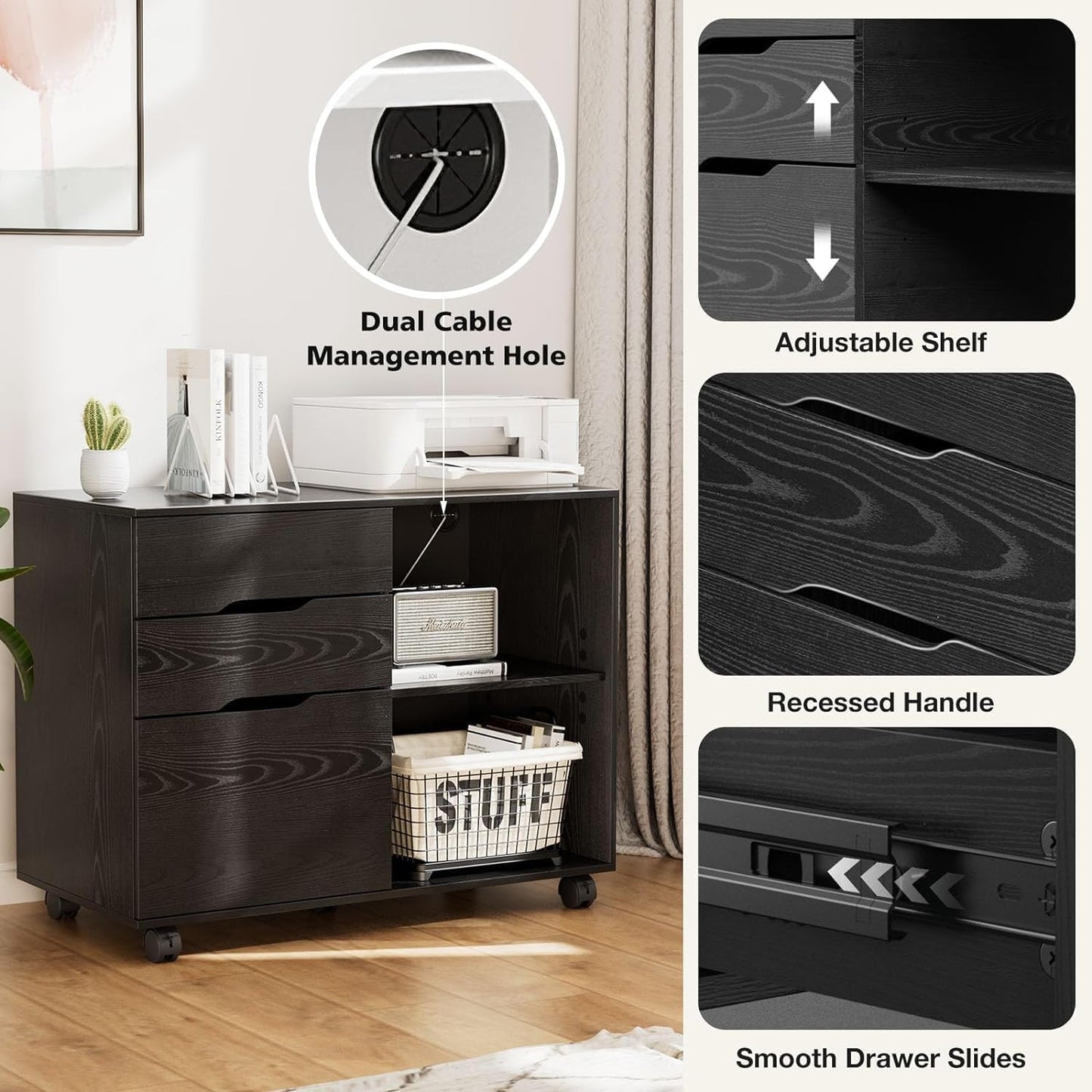 Lateral File Cabinet with 3 Drawers, Rolling Wooden Storage, Black Z6378