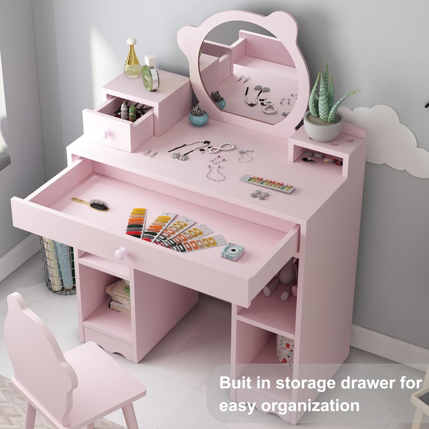 Kids Vanity Set with Mirror & Stool, Wooden Pink C28982