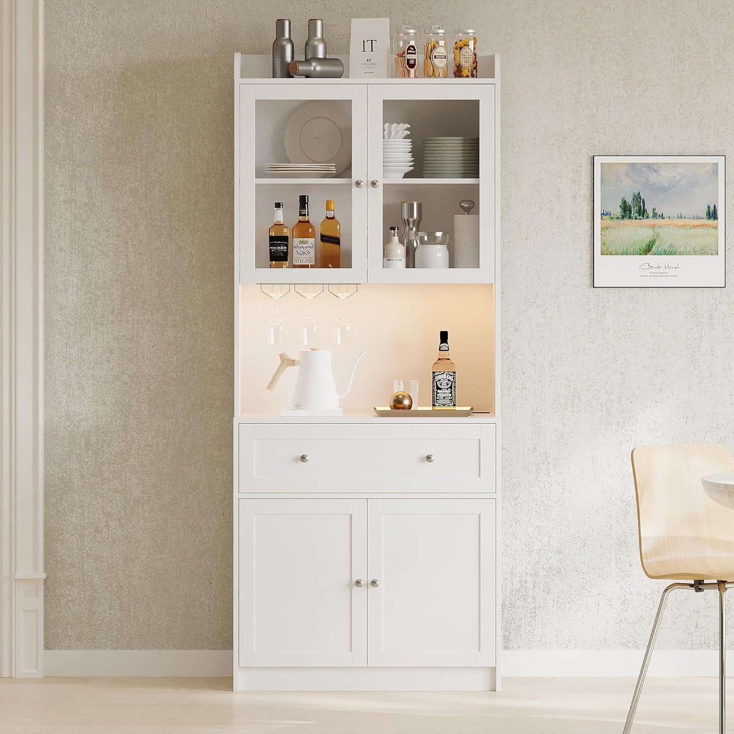 75.2" Pantry Cabinet with LED Lights and Charging Station, Wood Buffet Sideboard E42644