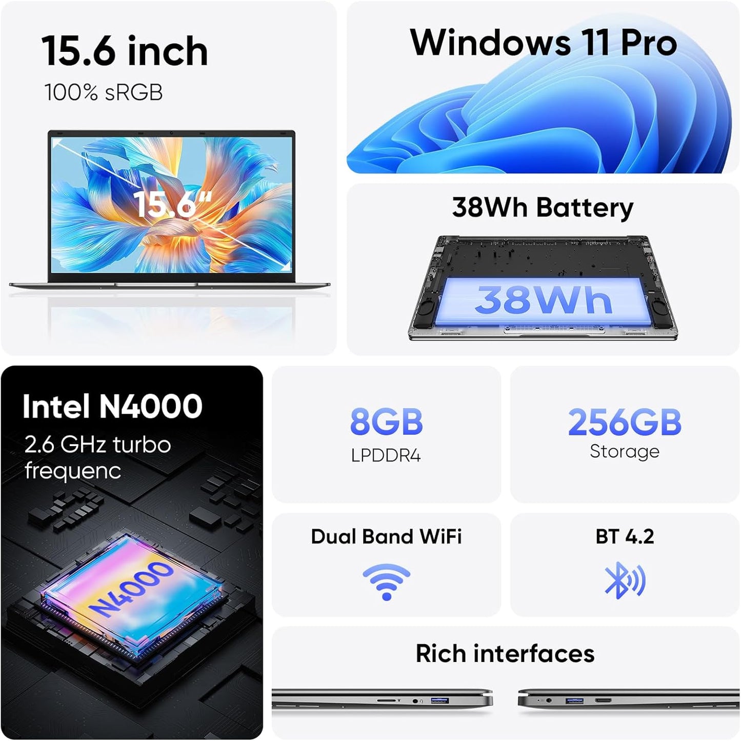 15.6" Windows 11 Pro Laptop, 8GB RAM 256GB, Intel Celeron, Silver N66160