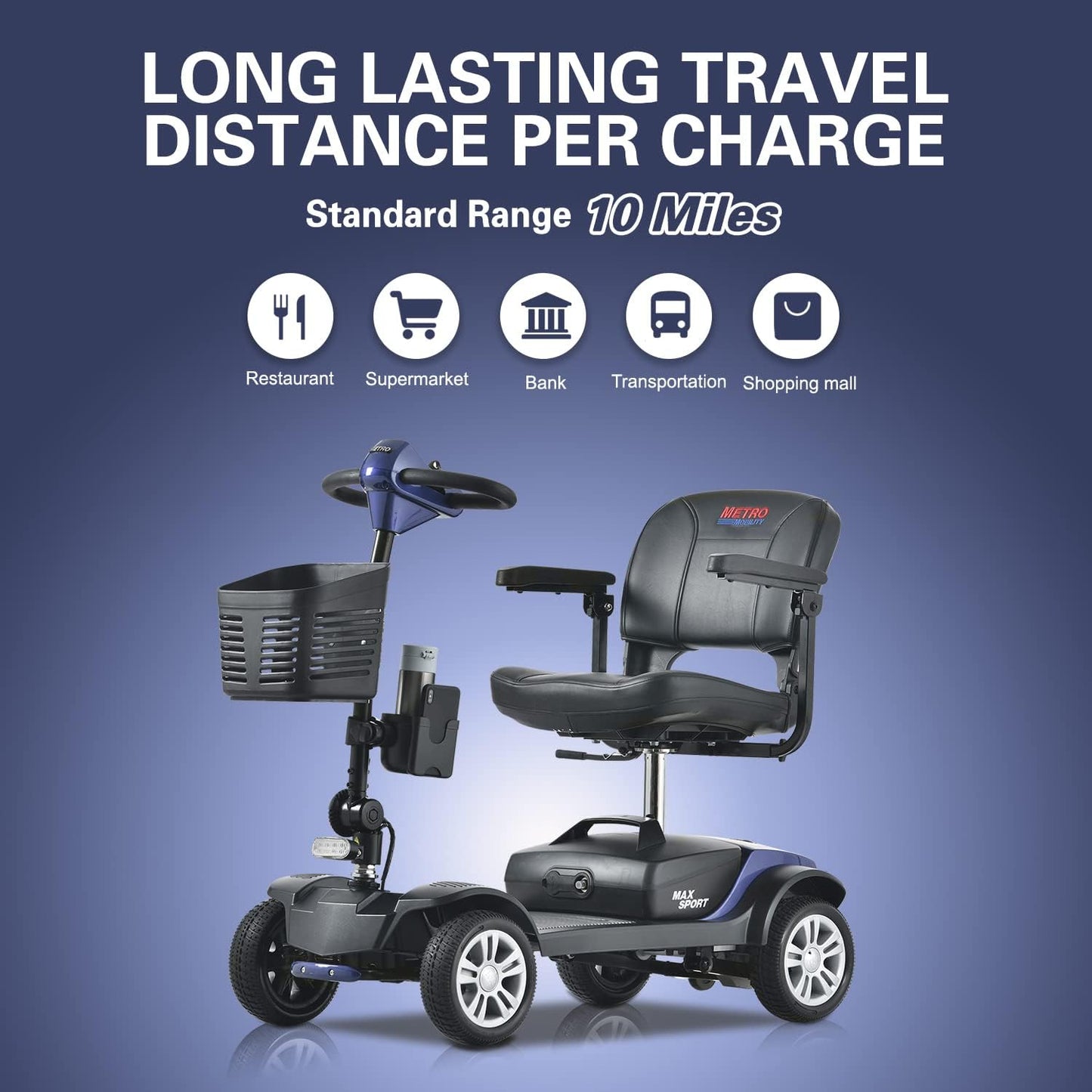 Metro Mobility Scooters Electric Mobility Scooter for Adults and Seniors, 300 lbs, Long Range Battery with Charger and Basket, Max Sport Blue F76748