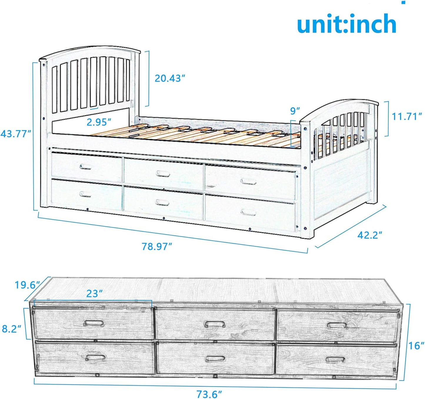 Harper & Bright Designs Twin Size Solid Wood Platform Storage Bed with 6 Drawers M555906