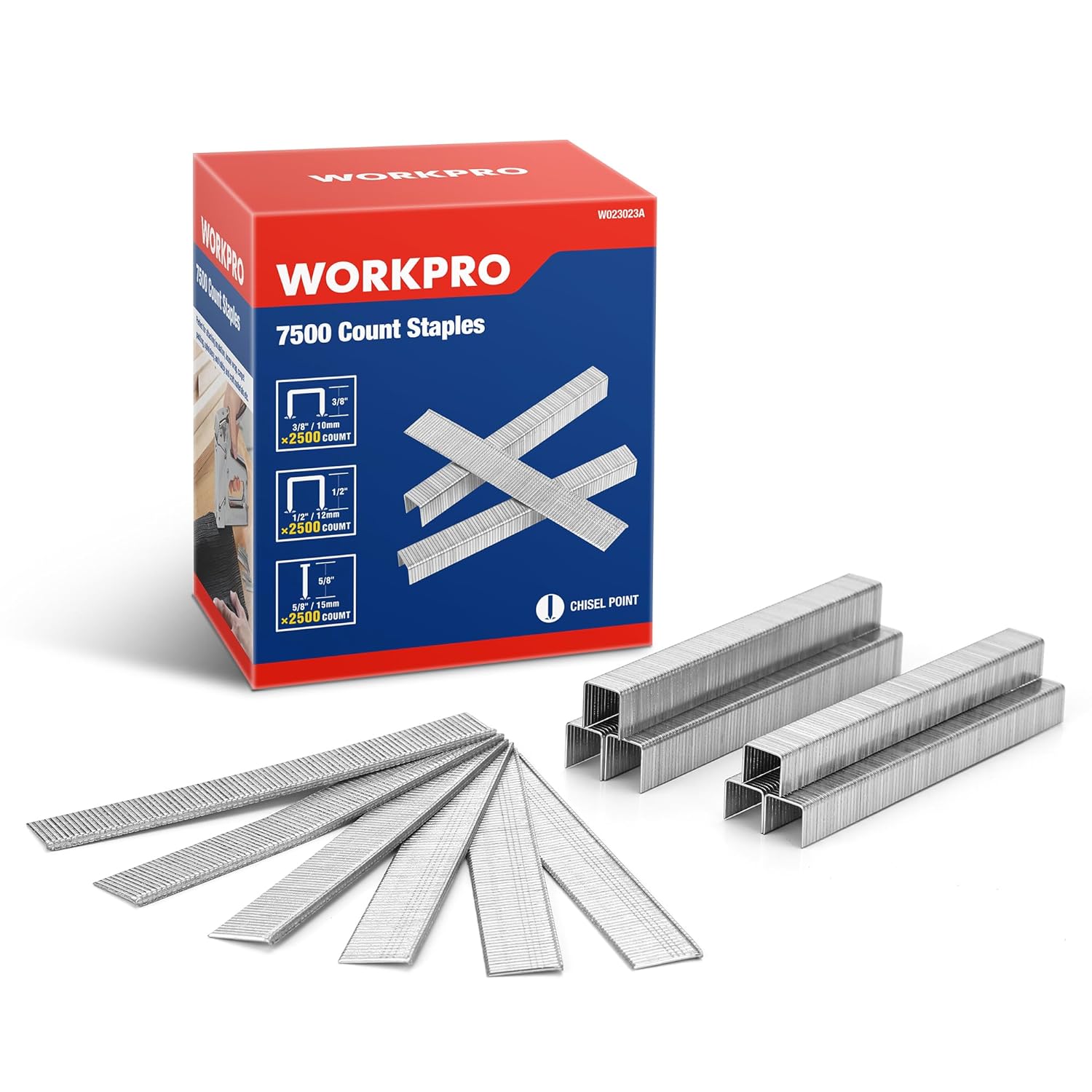 WORKPRO Heavy Duty T50 7500-Count Staples for Staple Gun, 1/2"+3/8" Staples and 5/8" Brad Nails Combo Kit, Galvanized Staples for Upholstery, Woodworking Projects and Home Renovations