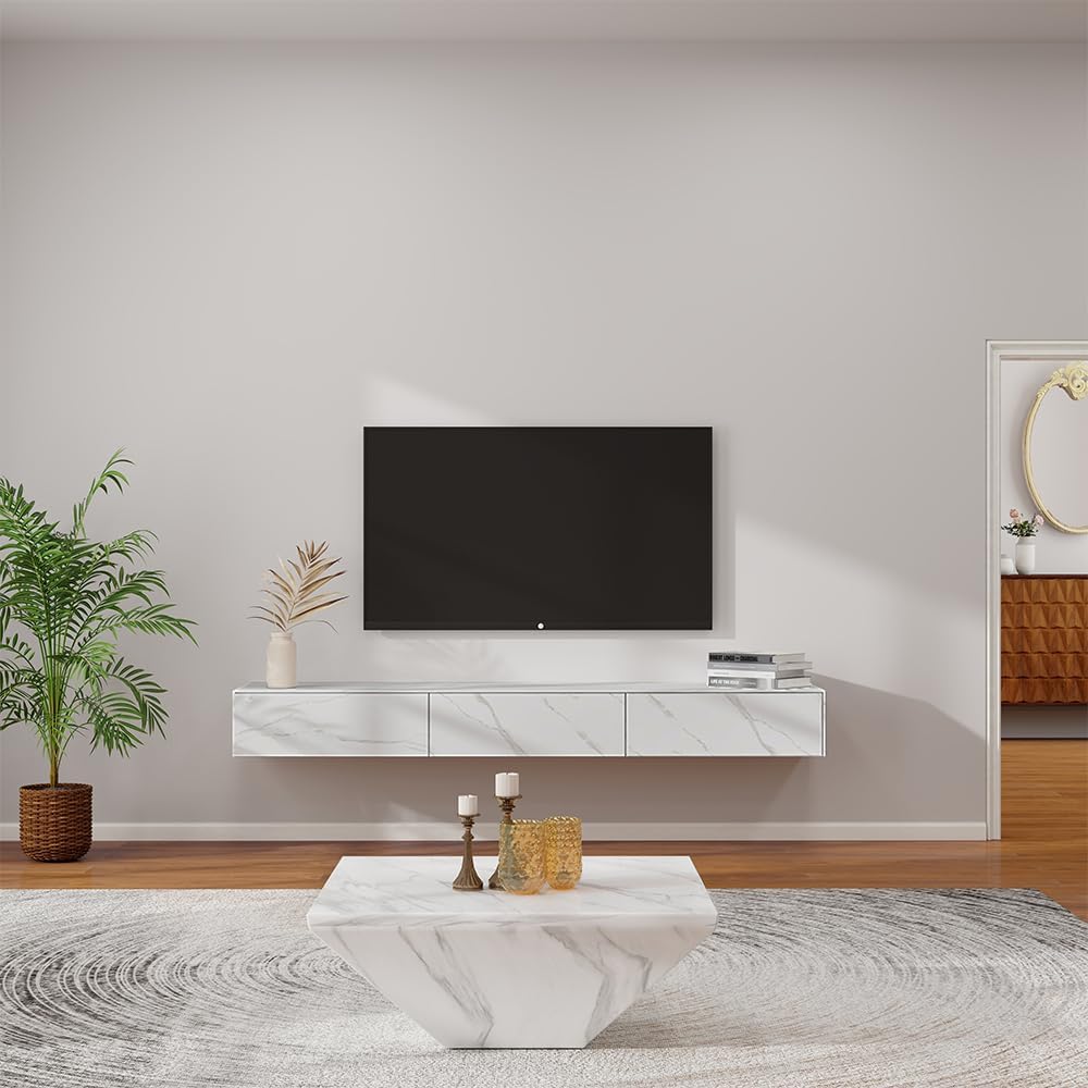 POVISON Floating TV Stand 70.87 inch White with 3 Drawers O34642