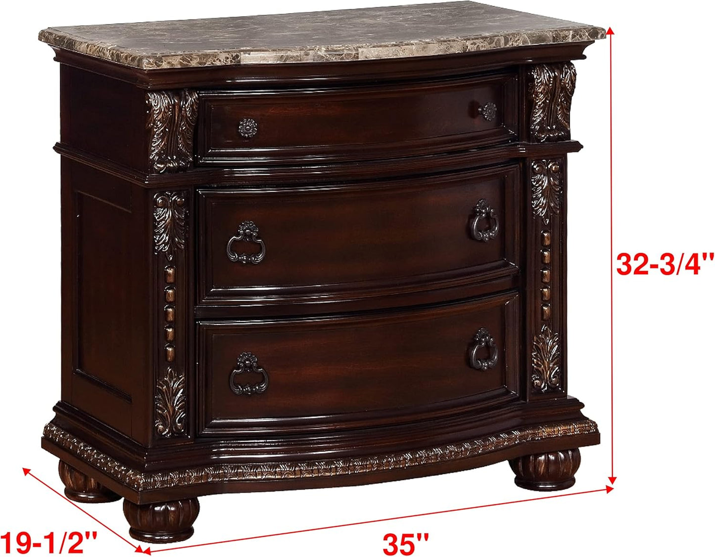 Traditional Style 3-Drawer Nightstand with Marble Top Solid Wood S314707