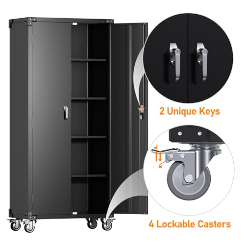 Metal Storage Cabinet with Wheels, 71" Tall, 5-Tier Locking Rolling Cabinet I470