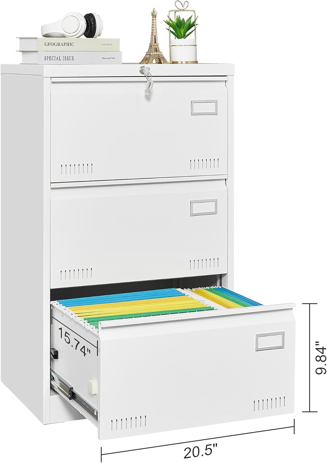 Locking 3-Drawer Metal Lateral File Cabinet, White Y445167