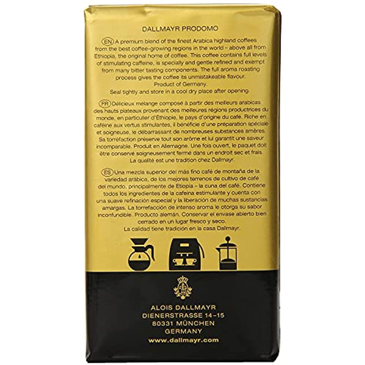 Dallmayr Gourmet Coffee Prodomo Ground, 8.8 oz Vacuum Packs, Pack of 6 F315206