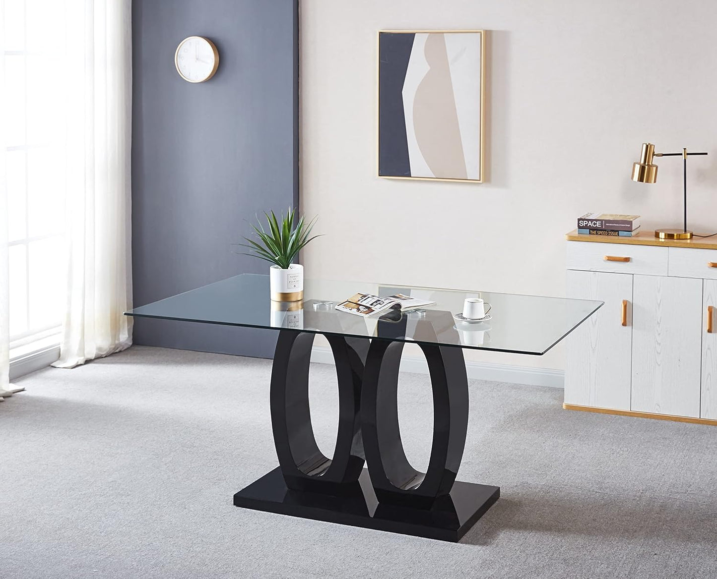 Rectangular Tempered Glass Dining Table with Double O-Shape Pedestal, Glass Kitchen Dining Room Table for 6 with Tempered Glass Top for Home Office Kitchen Dining Room Table Furniture