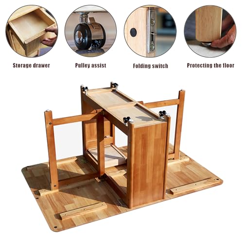 Solid Wood Folding Dining Table with Storage and Wheels, Red Brown M14953