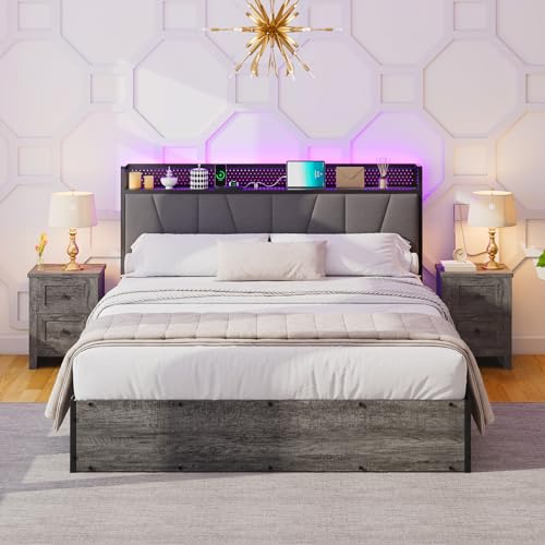 Full Size Lift Up Storage Bed Frame with LED Lights and Charging Station, Black D6950