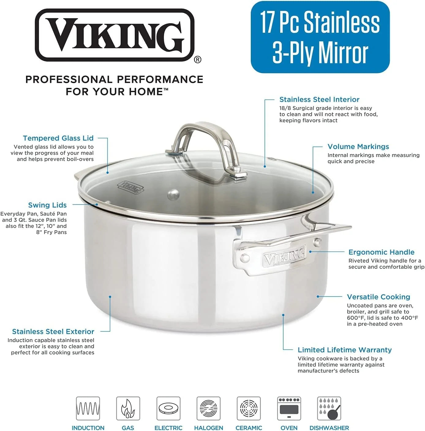 Viking 3-Ply 17pc Stainless Steel Cookware Set with Glass Lids N19288