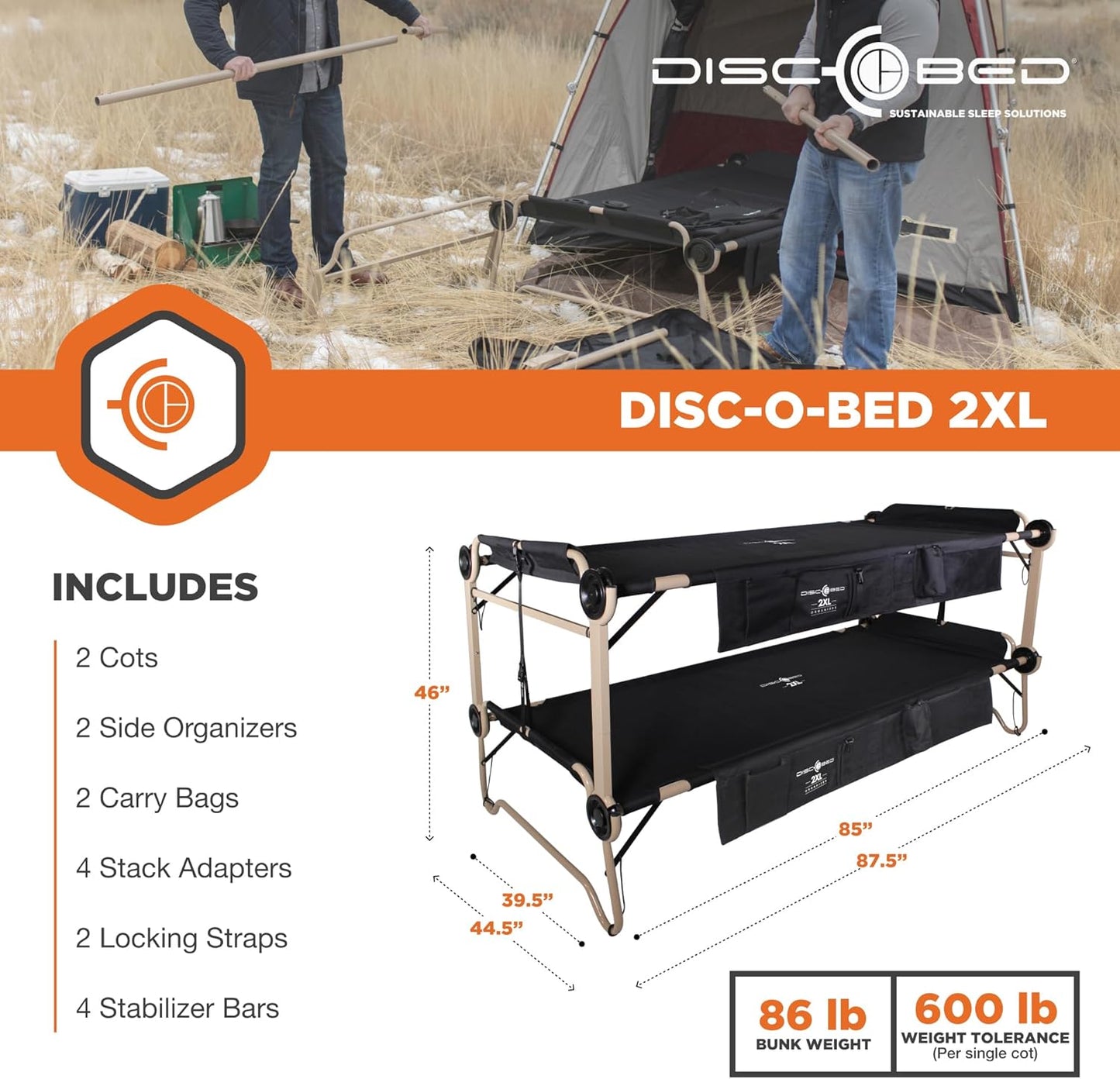 Outdoor Convertible 2 Person Camping Cot with Side Organizers B171