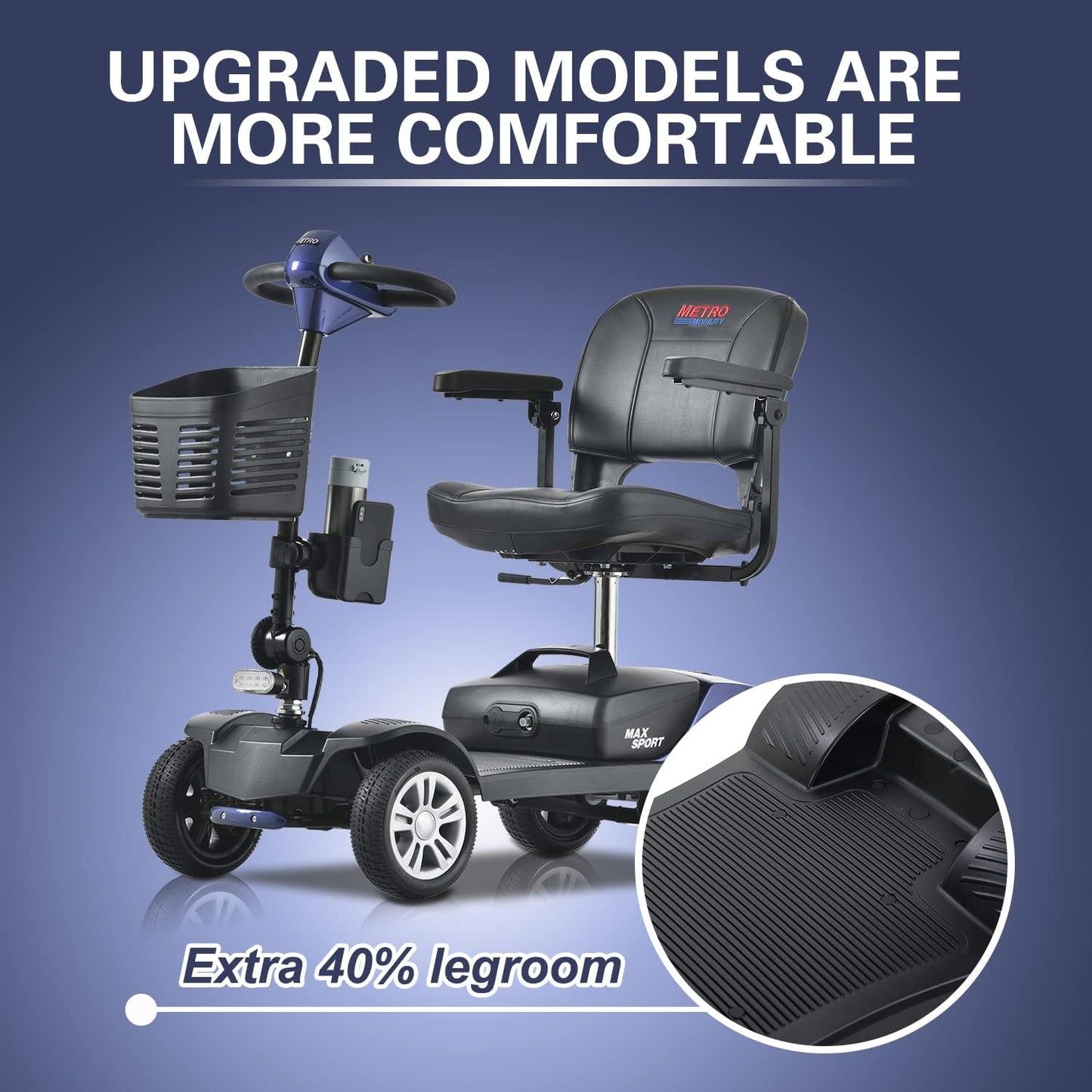 Metro Mobility Scooters Electric Mobility Scooter for Adults and Seniors, 300 lbs, Long Range Battery with Charger and Basket, Max Sport Blue F76748