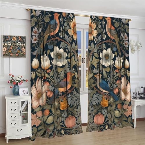 William Morris Style Blackout Curtains with Floral Bird Print Y107