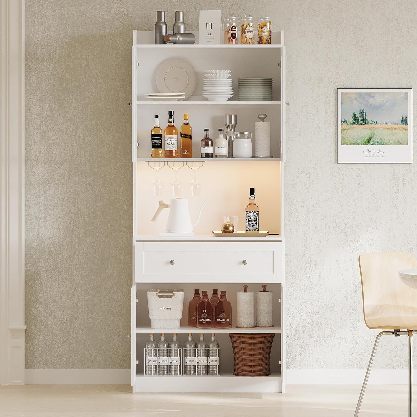 75.2" Pantry Cabinet with LED Lights and Charging Station, Wood Buffet Sideboard E42644