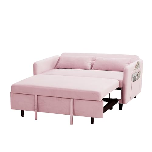 Pink Velvet Sleeper Sofa Couch Bed 3-in-1 with Two Pillows G42230