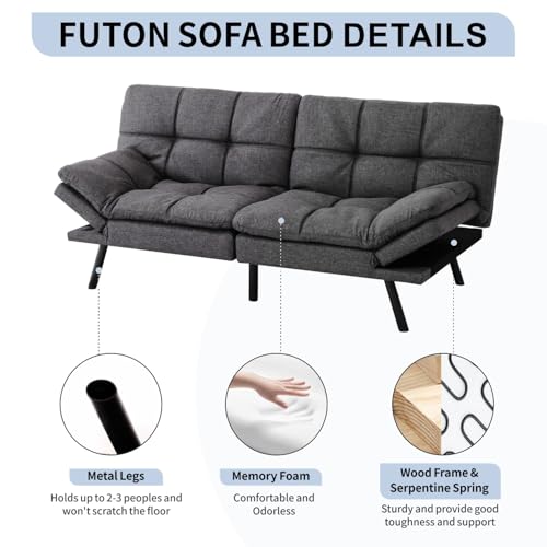 MUUEGM Memory Foam Futon Sofa Bed Convertible, Black Faux Leather M20306