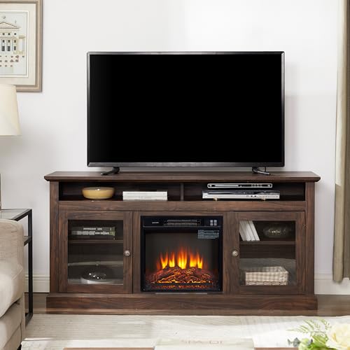 Farmhouse Fireplace TV Stand for TVs Up to 65'', Rustic Entertainment Center with 18" Electric Fireplace, Wood Media Console Cabinet for Living Room, (Brown, 65 Inch Fireplace TV Stand)