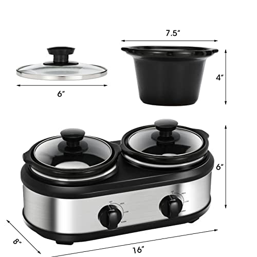 Double Slow Cooker, 2 x 1.25QT Mini Pots, Adjustable Temp, Dishwasher Safe, Stainless Steel J3720