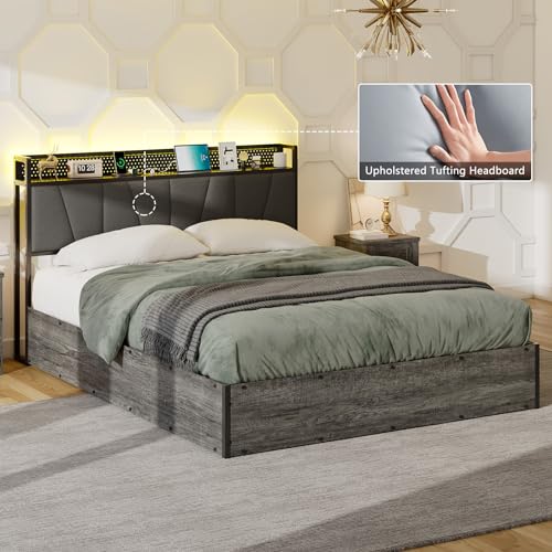 Full Size Lift Up Storage Bed Frame with LED Lights and Charging Station, Black D6950