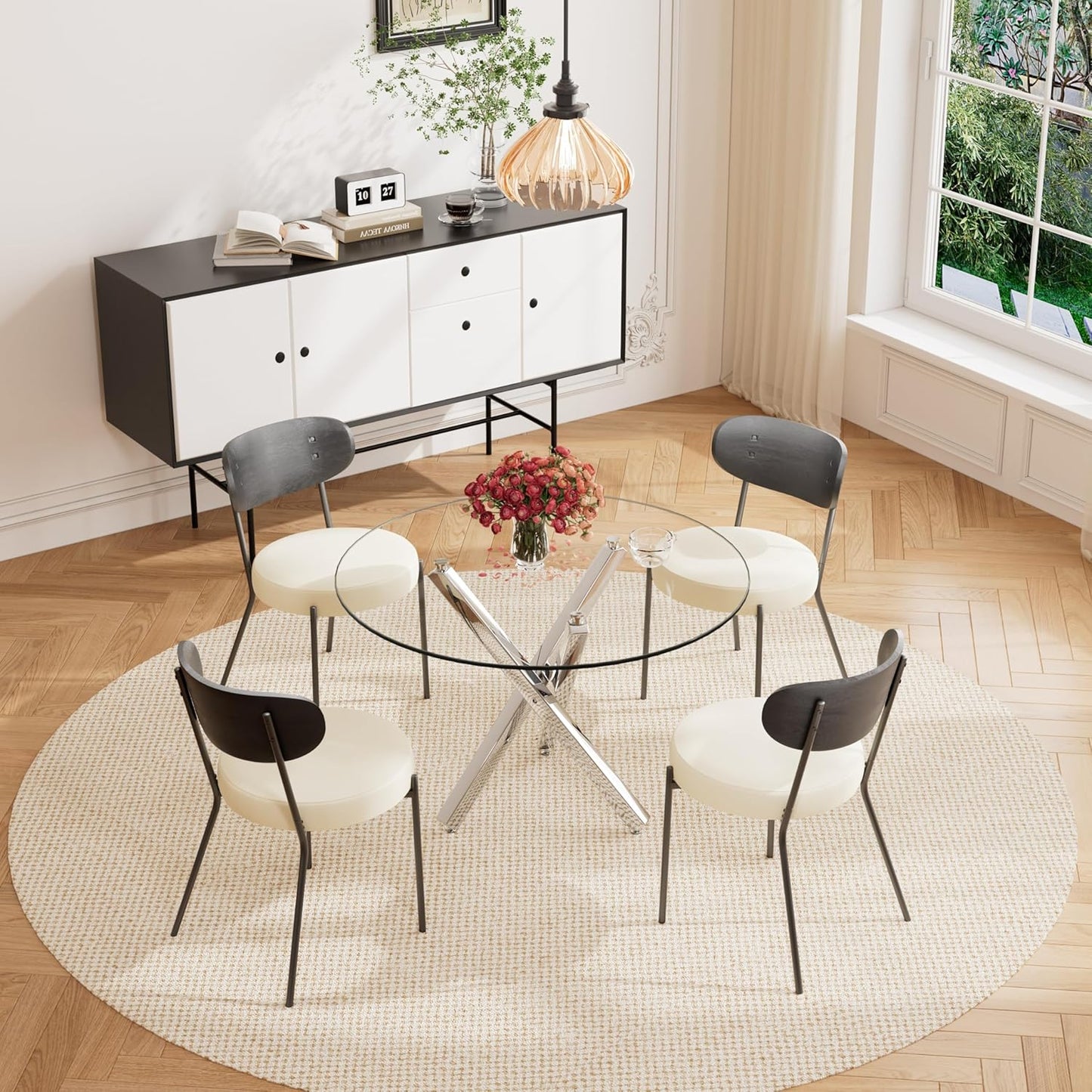 RGZ Round Glass Dining Table Set for 4, Mid Century Modern, 40'' with Beige PU Faux Leather Chairs A12551