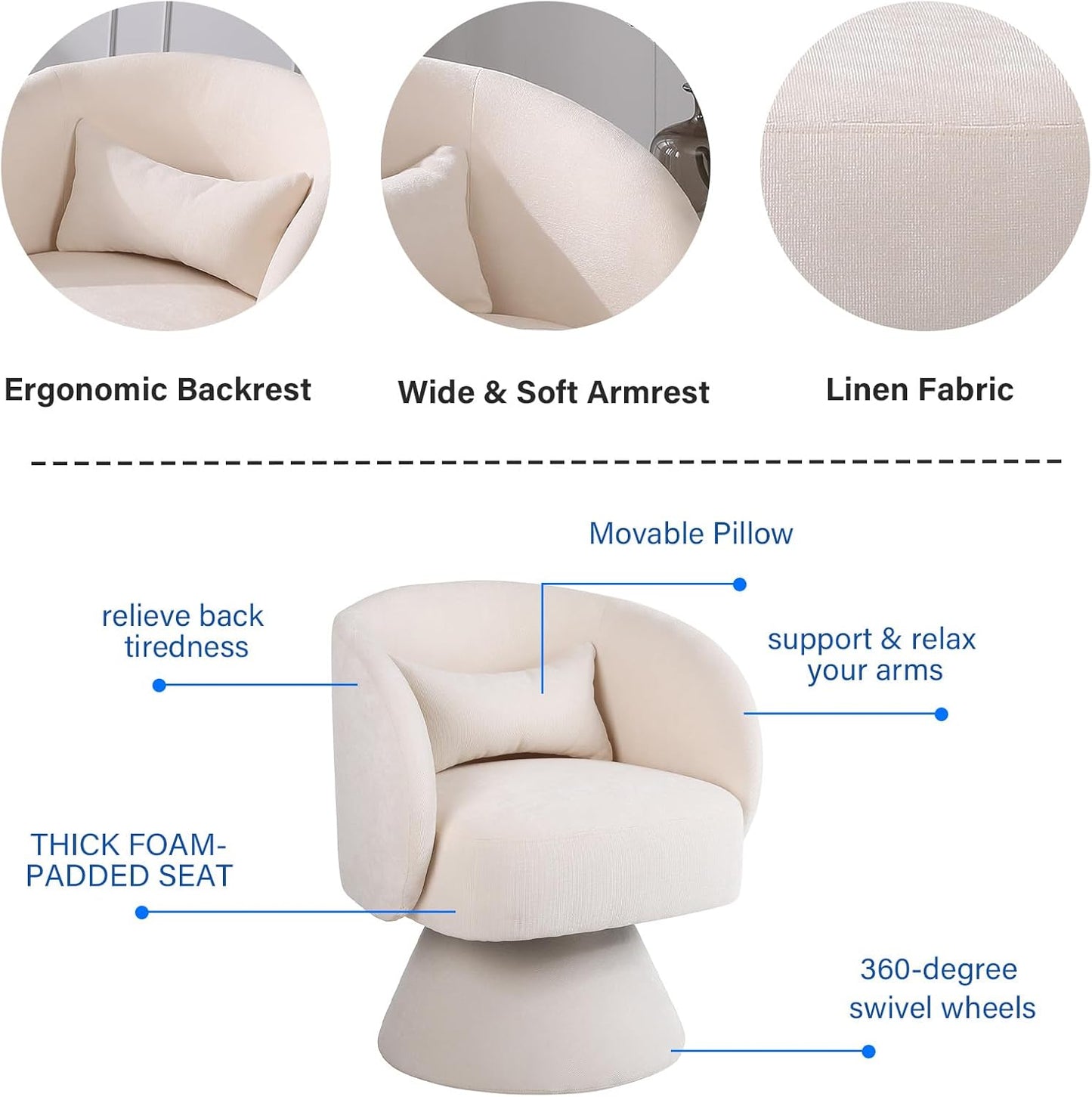 Swivel Barrel Chair with Pillow, Linen Fabric Accent Chair for Living Room Bedroom, Beige W4529