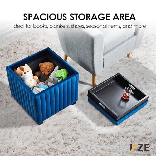 18-Inch Square Cube Storage Ottoman Bench with Coffee Tray, Beige Velvet X85429