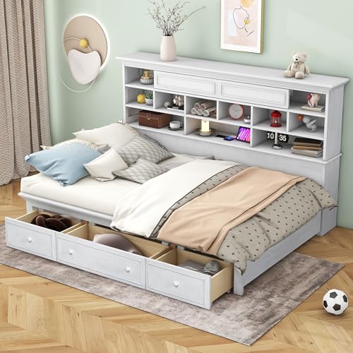 LZ LEISURE ZONE Twin Size Daybed Frame with Storage Shelves, Charging Station, Antique White A7732