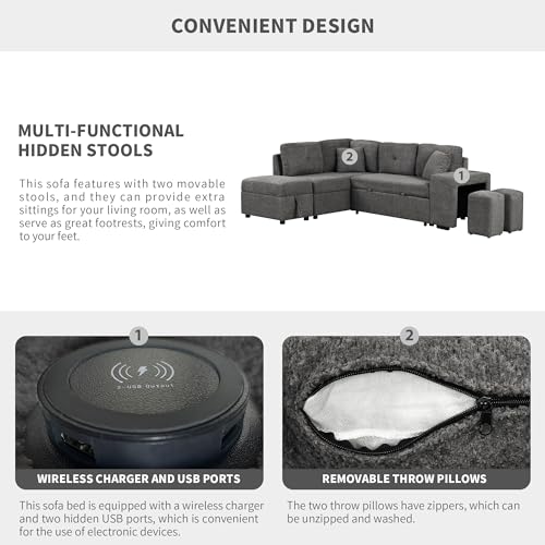 DEINPPA Sleeper Sofa with Storage Ottoman and 2 Stools, Chenille Fabric, Cream H631676
