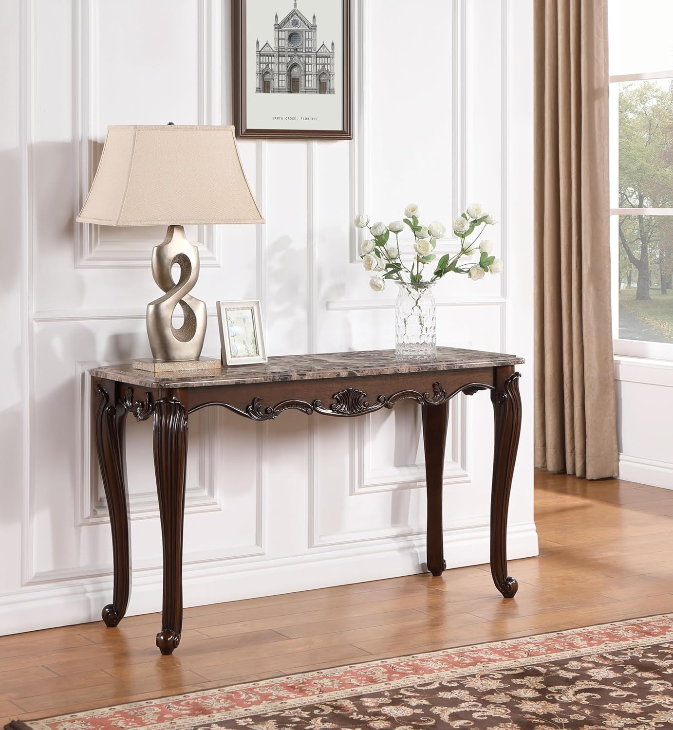 Acme Nayla Marble Rectangular Sofa Table with Floral Legs Q1283
