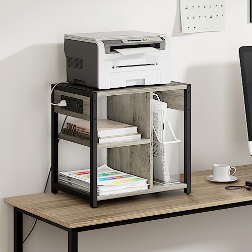 IDEALHOUSE Under Desk Printer Stand with Power Outlets and USB Charging Ports, Desktop Printer Table with Storage Shelf, 4 Tier Mobile Printer Stand with Wheels for Home Office, Rustic Gray