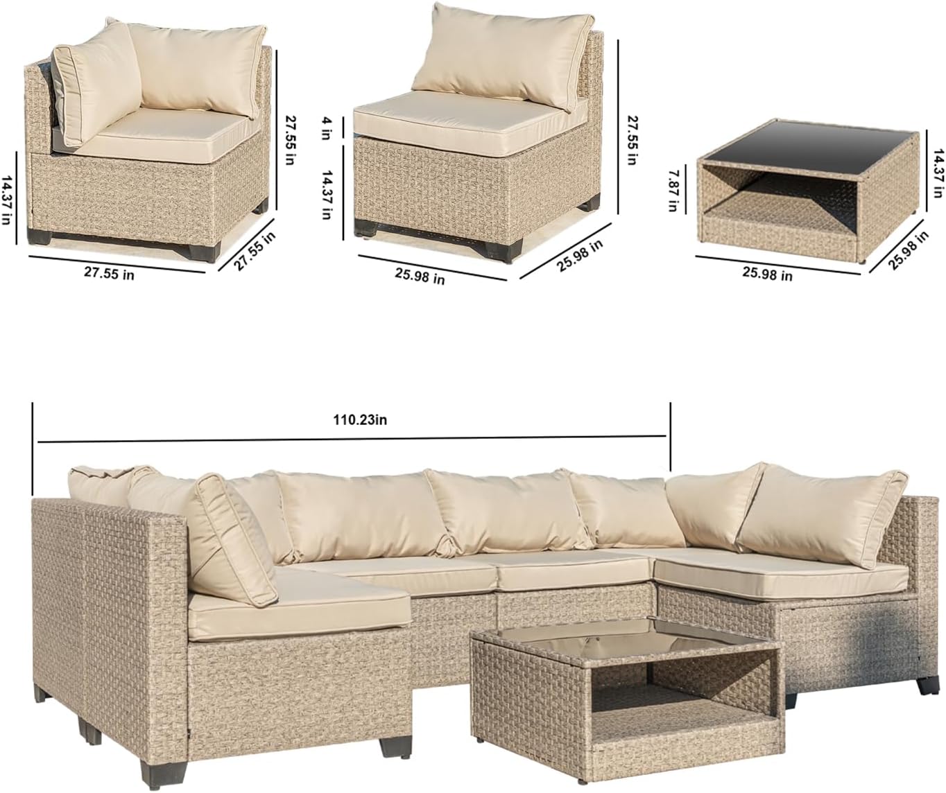 7-Piece Patio Furniture Sectional Sofa with Water Resistant Cushions, Beige R787