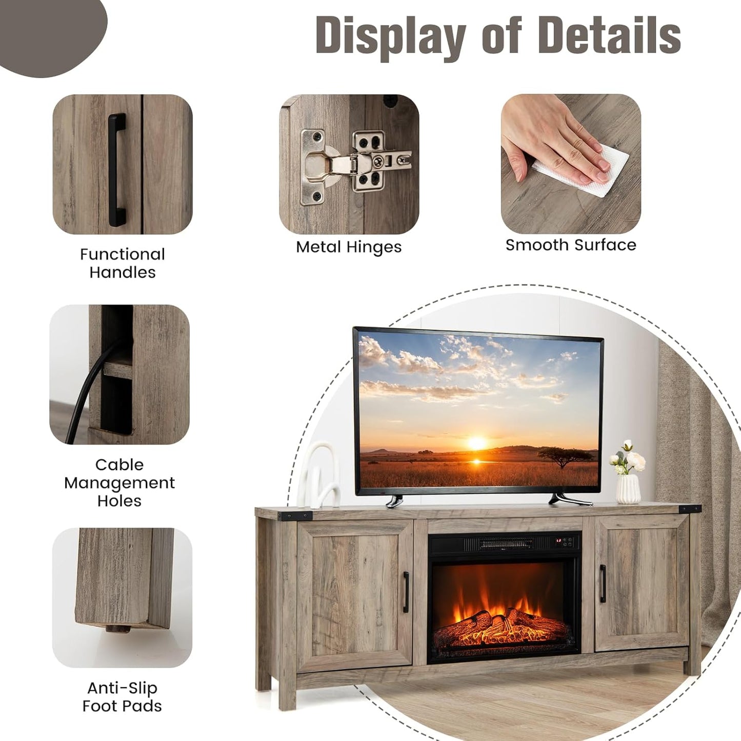 COSTWAY Electric Fireplace TV Stand for TVs up to 70 Inches, Farmhouse Media Center with Storage W3192
