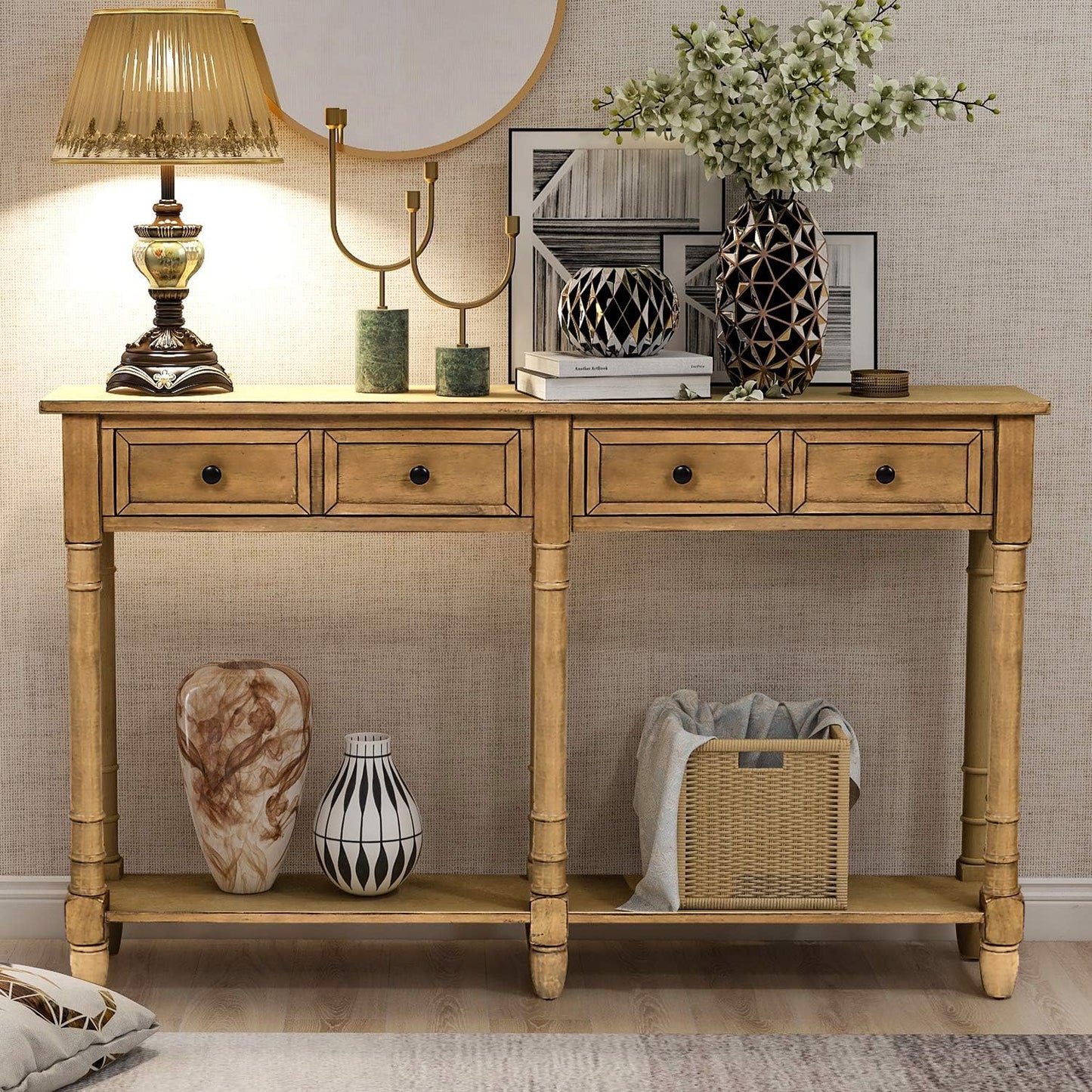 Farmhouse Console Sofa w/Two Storage Drawers & Bottom Shelf, Classic Solid Wood Entryway-Table for Living Room Bedroom Hallway, Easy to Assemble, Old Pine, 58 Inch