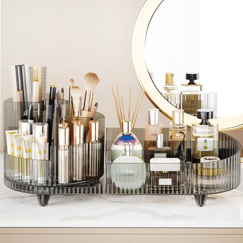 Rotating Makeup Organizer for Vanity with Brush Holder and Drawer, White S3148