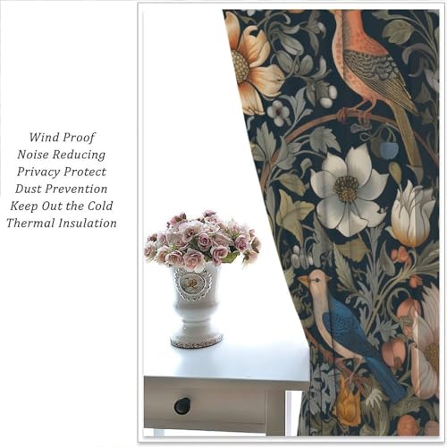 William Morris Style Blackout Curtains with Floral Bird Print Y107