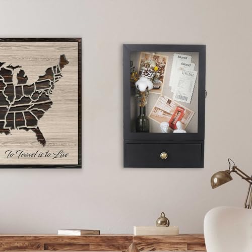 Shadow Box Frame 3.2" Deep with Real Glass and Drawer, Black J7816