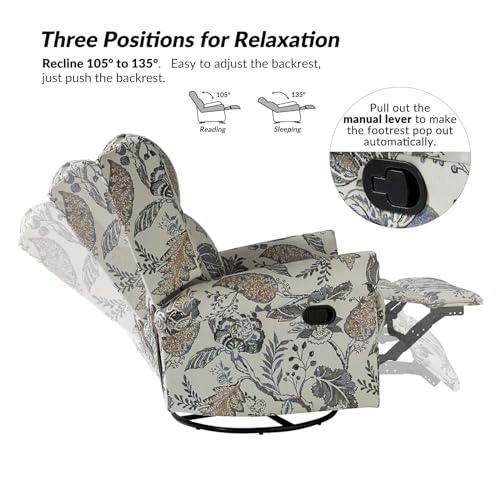 HULALA HOME Printed Fabric Manual Swivel Glider Recliner Chair, Set of 2, Black Floral W4662