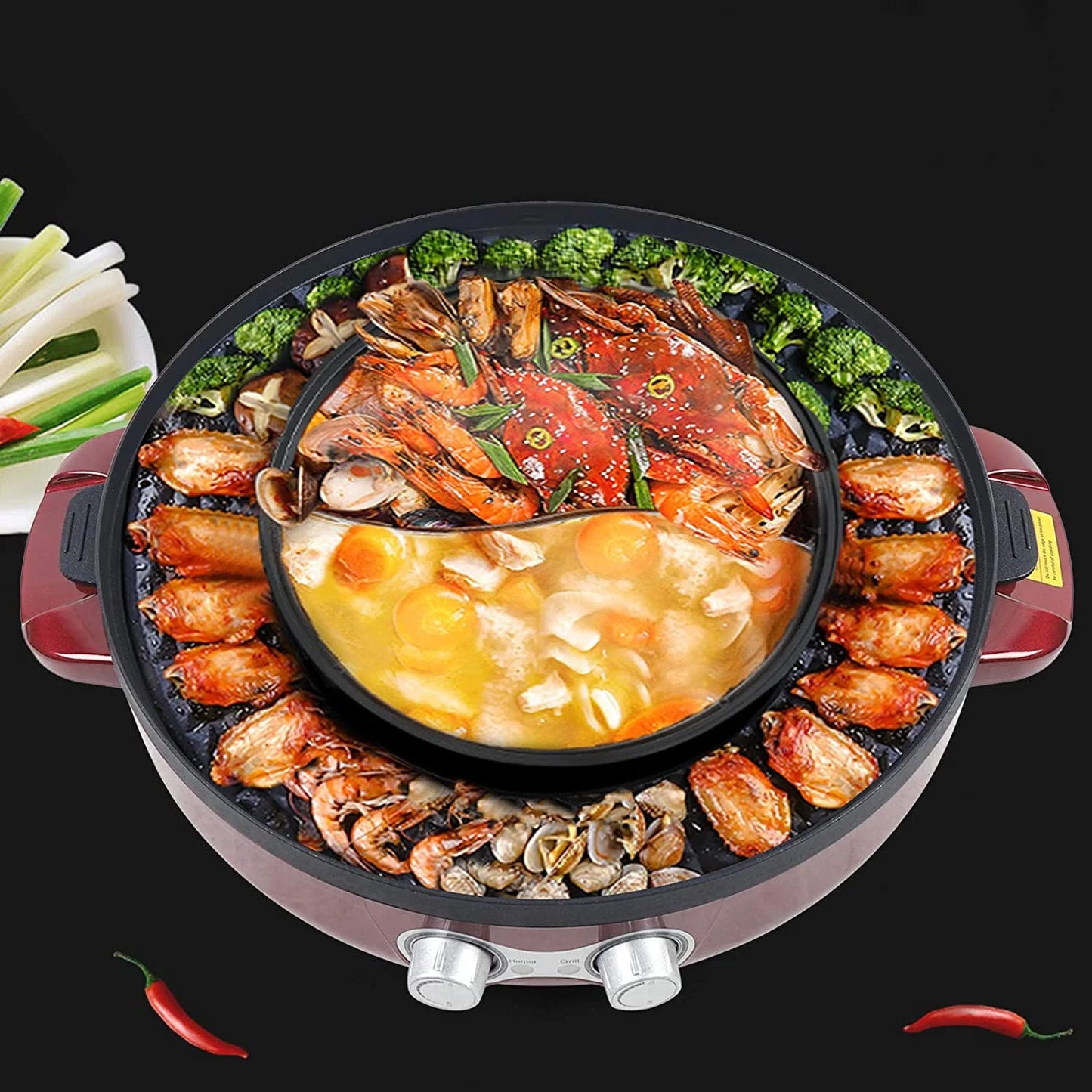 Miumaeov 2 in 1 Electric Smokeless BBQ Grill and Hot Pot, Dual Temperature Control, 3.6L P2308