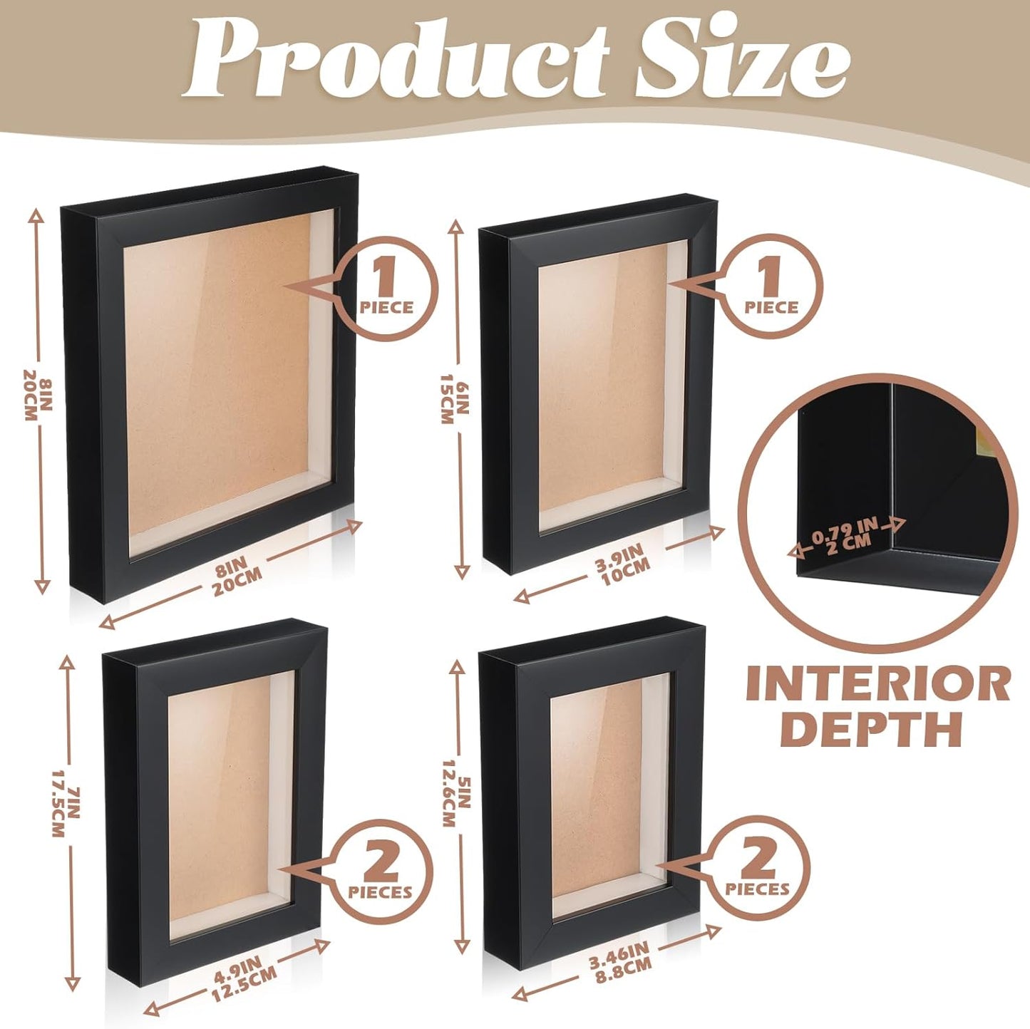 6 Pcs Shadow Box Frame 4 Size Black Wood Display Case for Photos, Medals, Keepsake Q10550