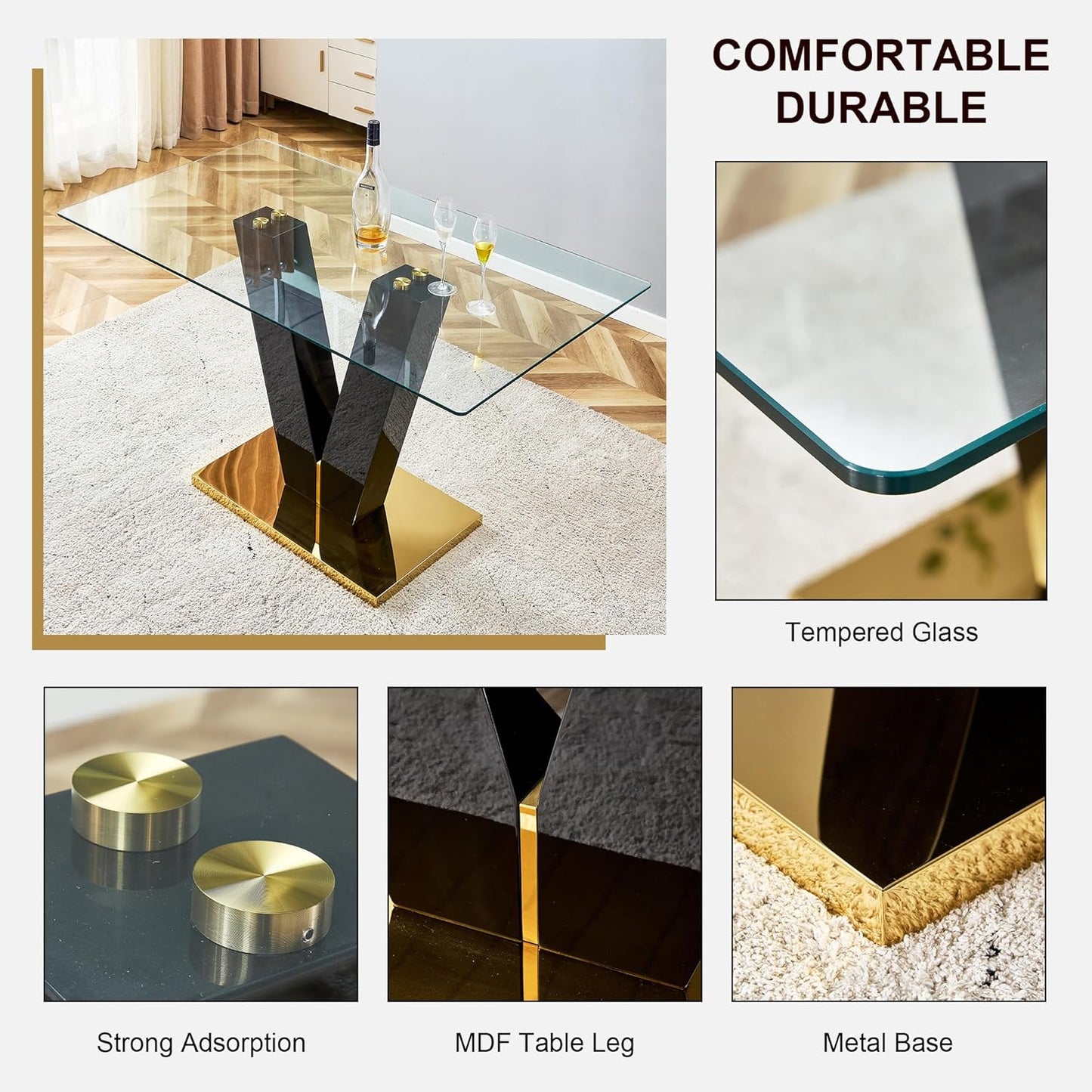 Modern Rectangular Glass Dining Table for 6-8, Tempered Glass Top G754553
