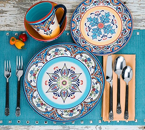 Euro Ceramica Zanzibar 16 Piece Dinnerware Set, Service for 4, Blue and Yellow L9181