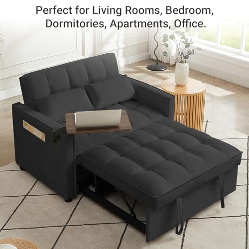 3 in 1 Convertible Sleeper Sofa Bed Futon Loveseat with Pillows, Black E19326