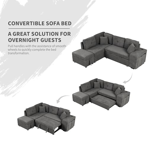 DEINPPA Sleeper Sofa with Storage Ottoman and 2 Stools, Chenille Fabric, Cream H631676