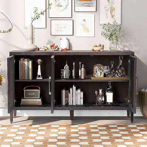 Amposei Modern Sideboard Cabinet 58.2-Inch Credenza with Glass Door, Black G647219