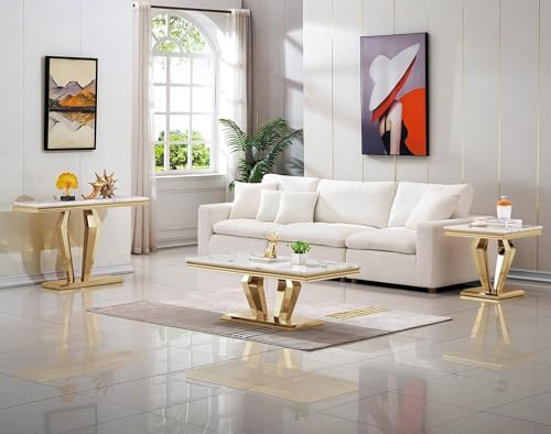 Gold Faux Marble Coffee Table Set of 4 with Console and End Tables Q776