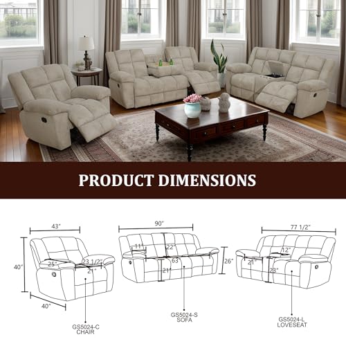 Corduroy Manual Reclining Sofa Set 3 Pieces, Khaki M572