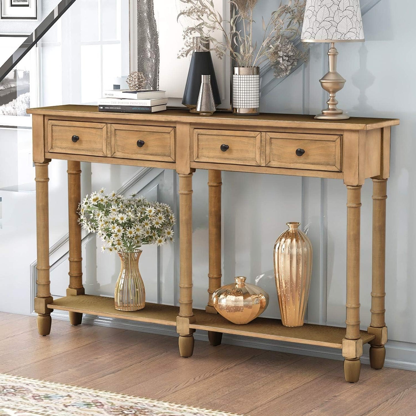 Farmhouse Console Sofa Table with Two Storage Drawers, Solid Wood, Old Pine, 58 Inch A5015